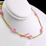 N-160a - Pink Cats-eye Heart Bar Link Necklace