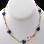 N-160b - Royal Blue Cats-eye Heart Bar Link Necklace