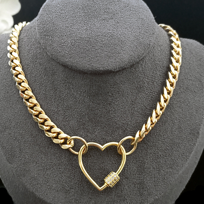 N-10516 7mm CURB Link CZ HEART CLASP 14k Gold GL Necklace