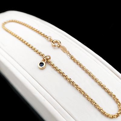 ALL LENGTHS 9"-14" Sapphire BLUE CZ CHARM Belcher link 18K GOLD EP Anklet Chain 