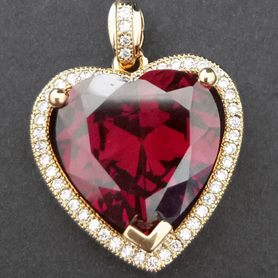 CZP-727 Ruby Red & CZ Encrusted HEART 14k Gold GL Pendant