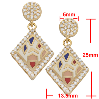 CZE-210 CZ & Enamel Geometric Dangling 14k GOLD Earrings
